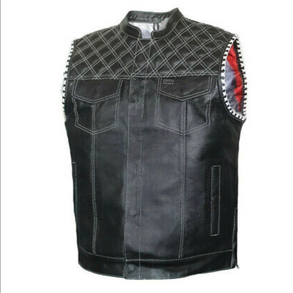 Mens Club Style Perforated US Eagle Liner Motorcycle Conceal Carry Leather Vest